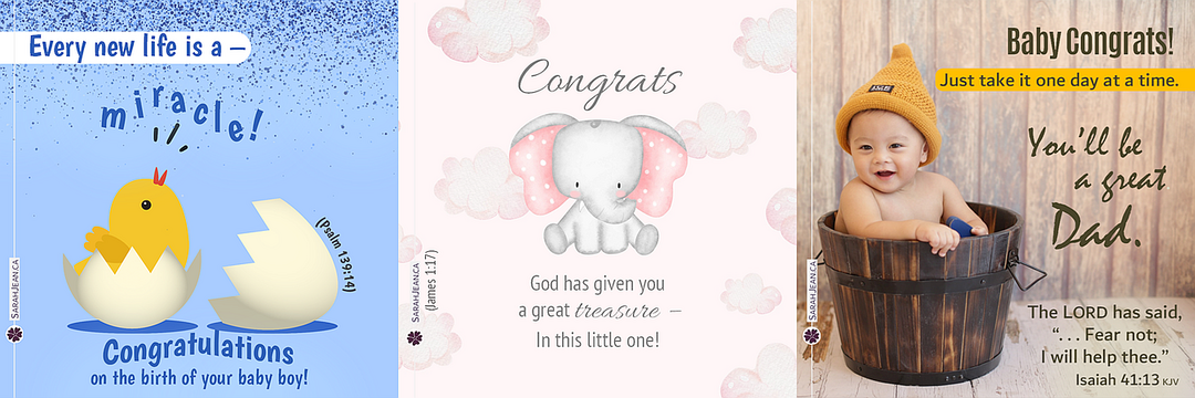 Baby ecard samples with baby chick, baby elephant and baby in a wash tub.