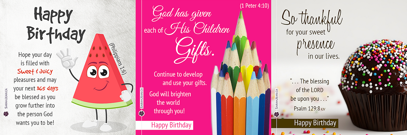 Birthday children ecards:  Watermellon 'man' ecard; colour pencil theme ecard; and chocolate cupcake with sparkles ecard. 