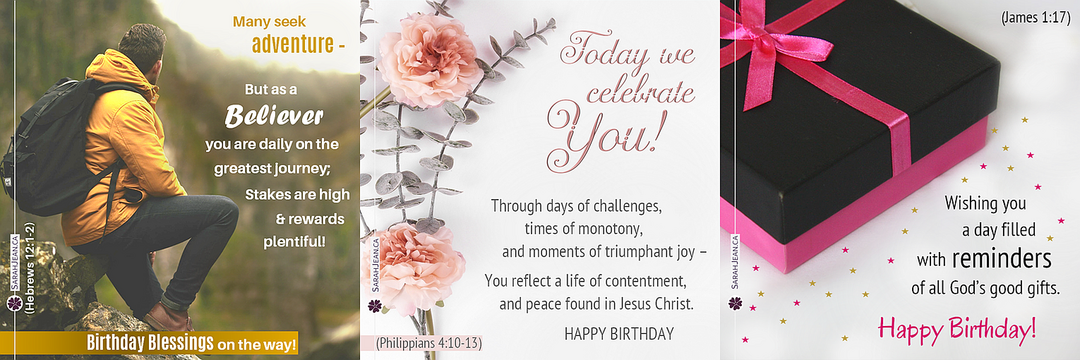 Share free beautiful and uplifting Birthday eCards, images of man backpacking on mountain, lovely dainty pink flowers and greenery, and gift with pink ribbon.