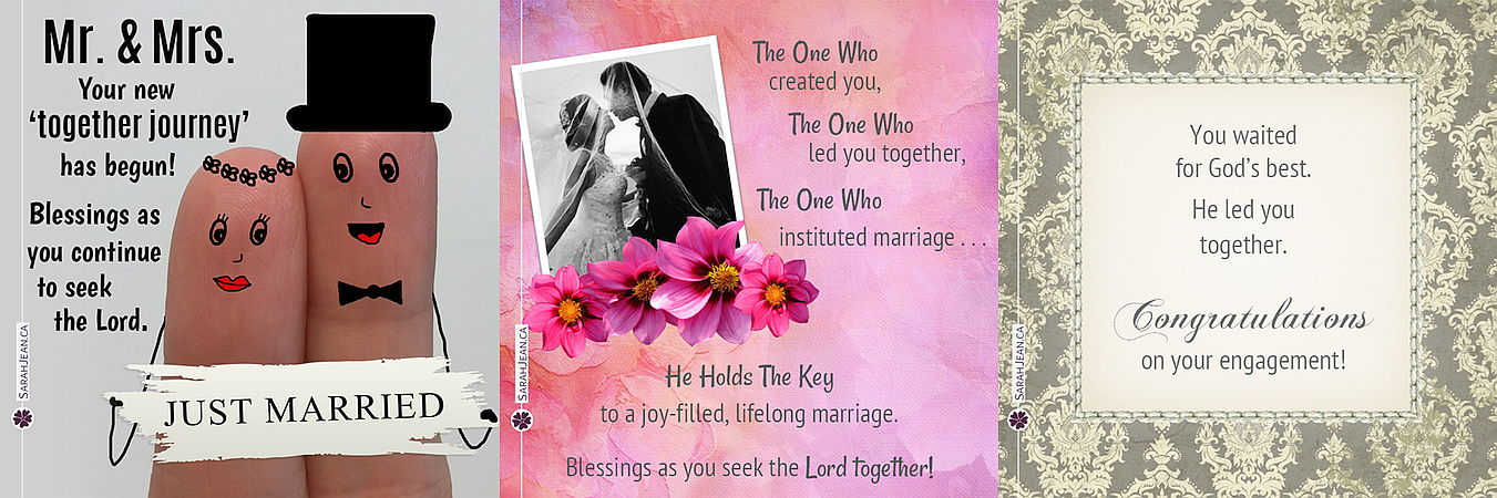 Wedding and engagement ecard samples with bride and groom, flowers and silver frame.