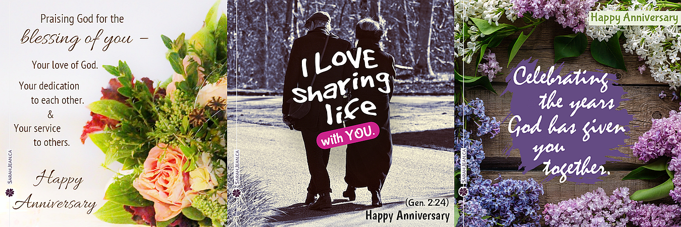 Anniversary ecard samples with flowers, couple walking and floral frame.