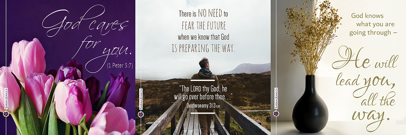 Encouragement ecard samples with tulips, wooden bridge and vase of flowers.