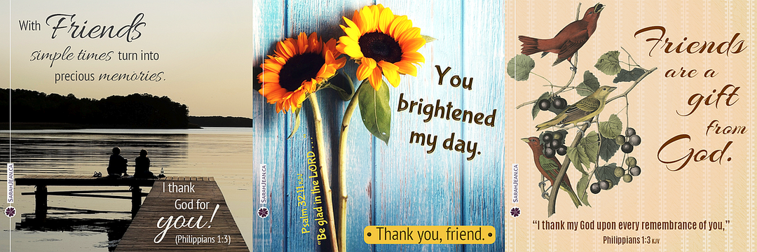 Friendship ecard samples with friends sitting on dock, sunflowers and birds in branches.