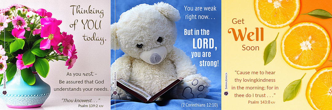 Get Well ecard samples with bright flowers, stuffed bear with book and orange slices.