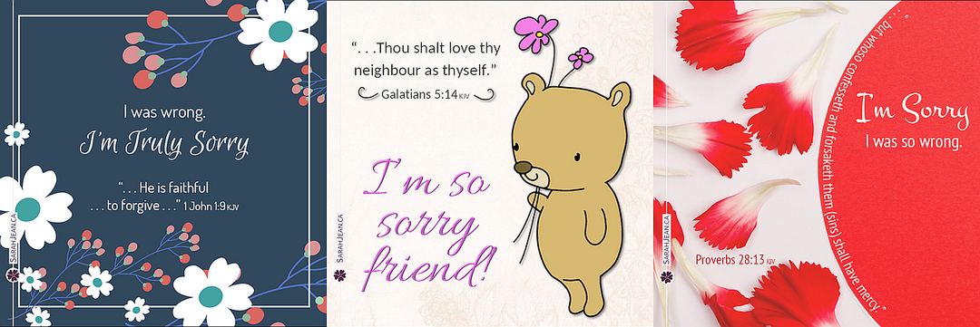 I'm Sorry ecard samples with flower frame, scattered flowers and bear holding flowers.