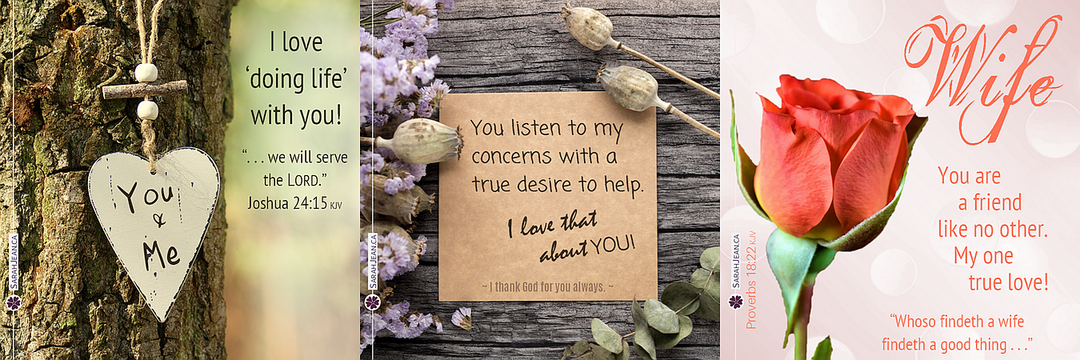 Love Notes ecard samples with wooden heart, paper note and red rose.