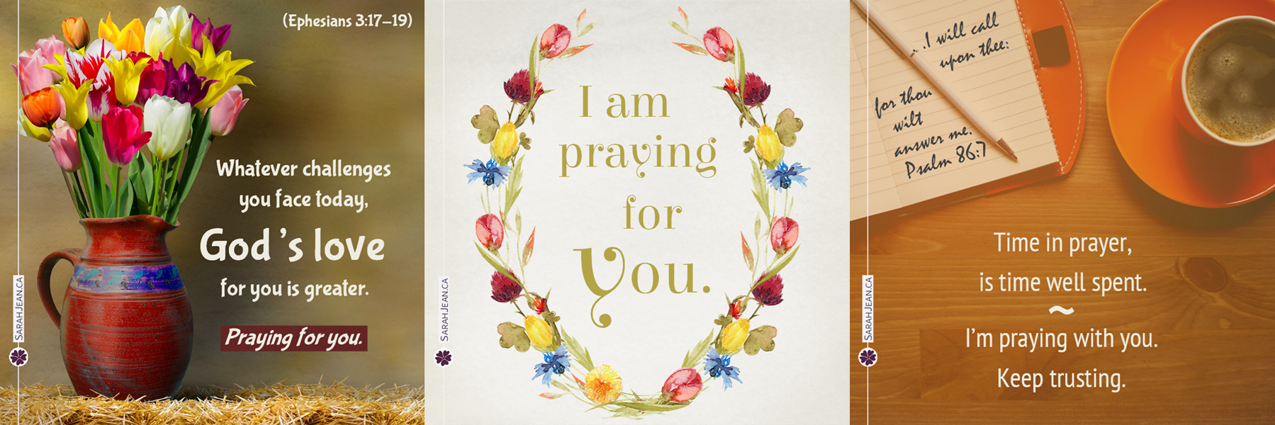 Prayer ecard samples with clay vase with flowers, floral frame, tea cup and journal.