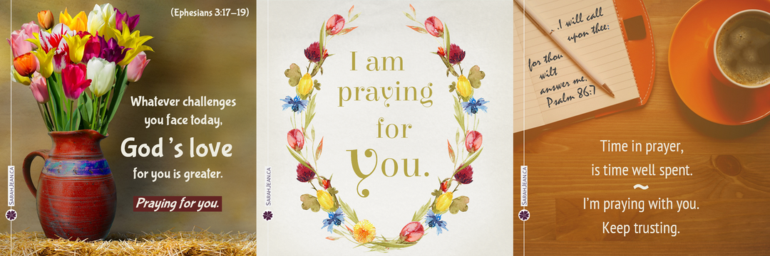 Prayer ecard samples with clay vase with flowers, floral frame, tea cup and journal.