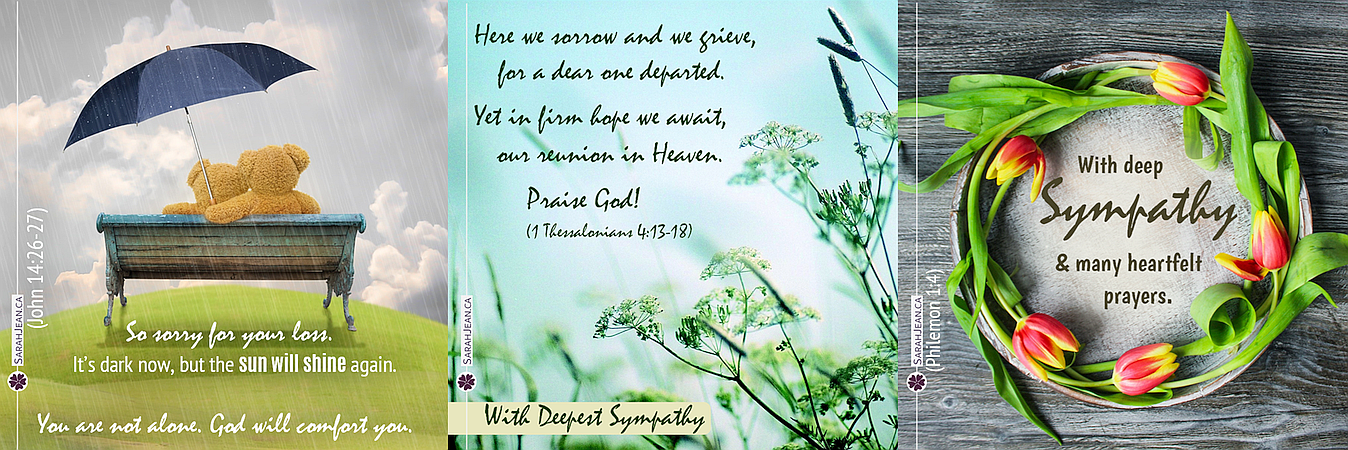 Sympathy ecard samples with stuffed bears on bench, greenery and tulip wreath.