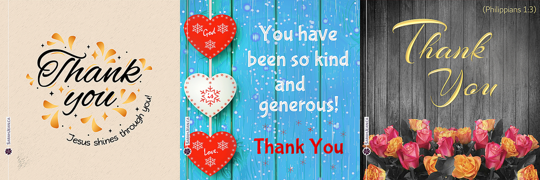 Thank You ecard samples with fancy fonts, mini wooden hearts on ribbon and garden of roses.