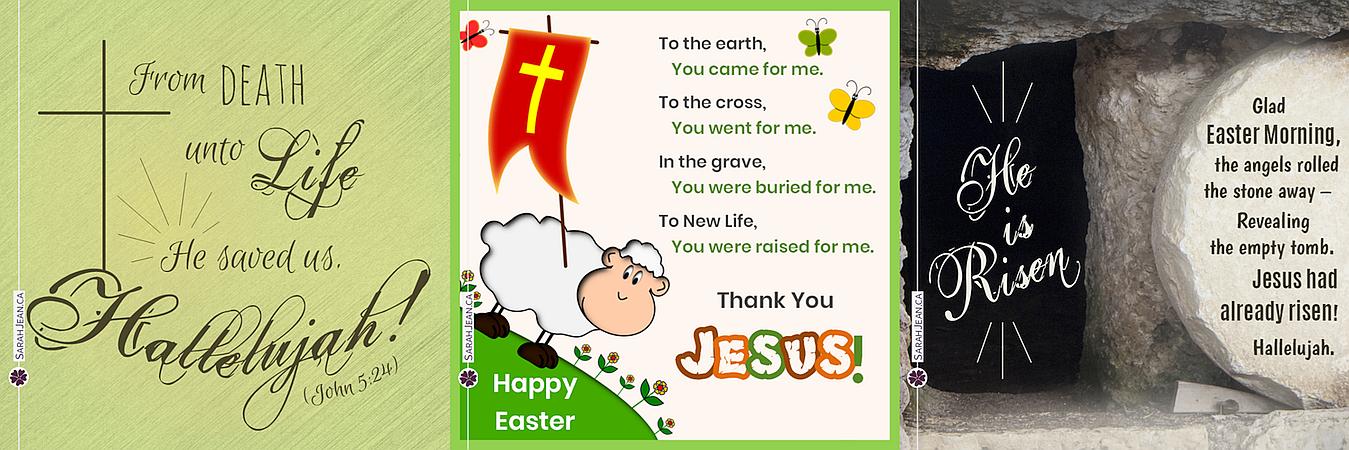 Easter ecard samples with fancy fonts, sheep illustration, and empty tomb.