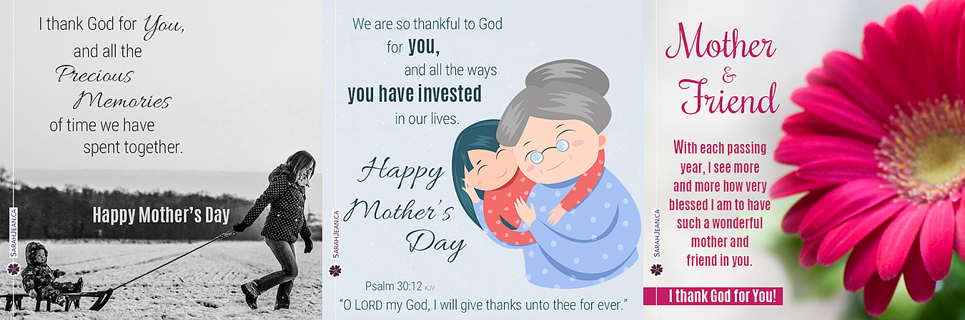 Mother's Day ecard samples with Mother and child with sled, Grandma hugging child, and a bright flower.