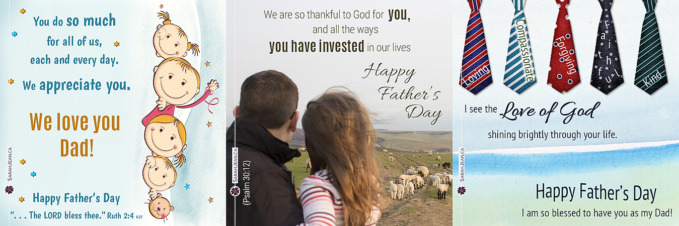 Father's Day ecard samples with happy face children illustration, father holding daughter and neck ties.