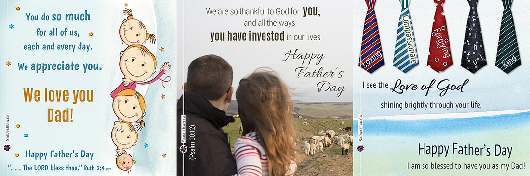 Father's Day ecard samples with happy face children illustration, father holding daughter and neck ties.