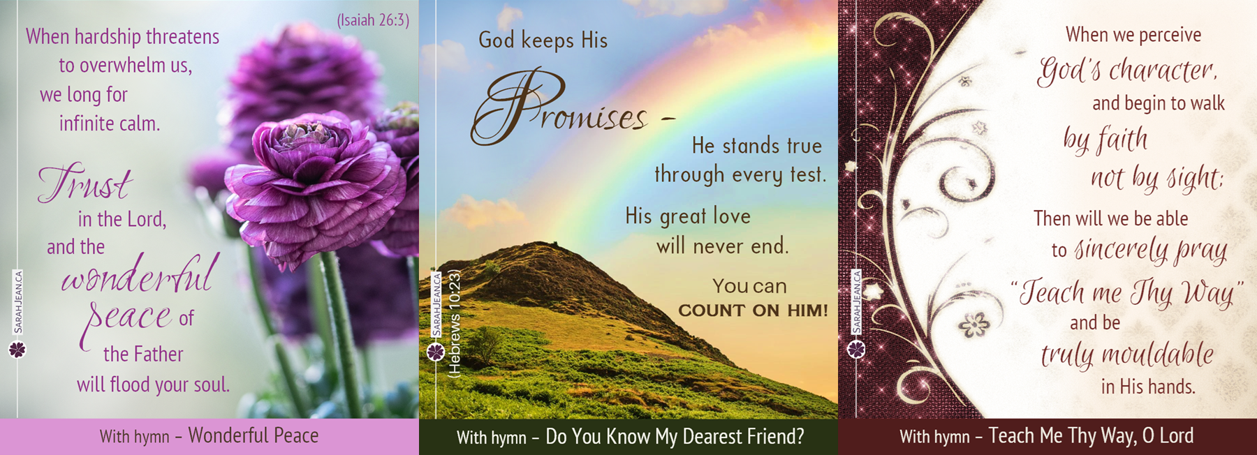 Vocal Songs of the Soul ecard samples with pink flowers, rainbow, and burgundy gold frame.