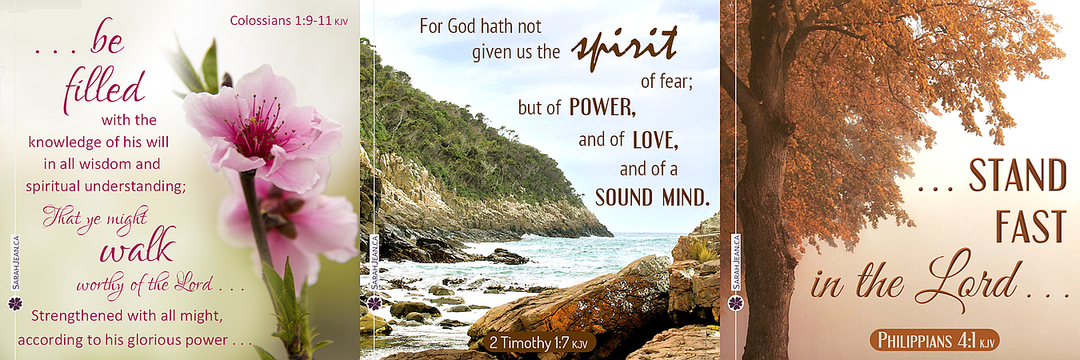 New Testament ecard samples with flowers, mountain and tree.