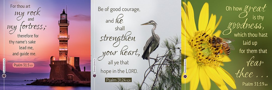 Psalms and Proverbs ecard samples with a lighthouse, bird and flower.