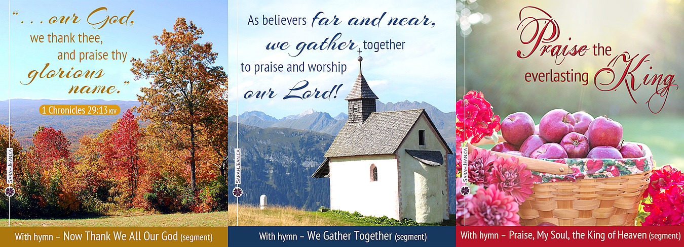 Instrumental Songs of the Soul ecard samples with  fall trees, little white church, and apples in a basket.