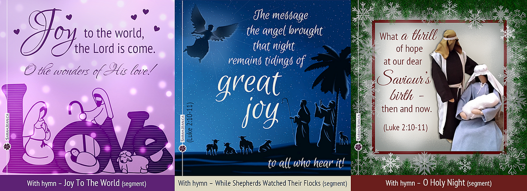Instrumental Songs of the Soul Christmas ecards. 1) LOVE word with nativity; Shepherds in the field; Mary and Joseph.