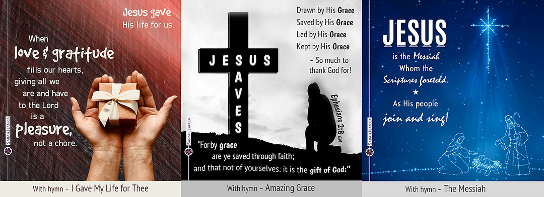 Three Vocal Songs of the Soul ecards: hands holding gift; person kneeling at the cross; nativity night sceen