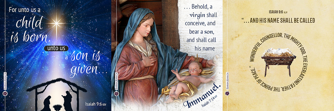 Three Old Testament ecard samples containing, nativity sceene, Mary the Mother of Jesus, and Jesus in a manger.