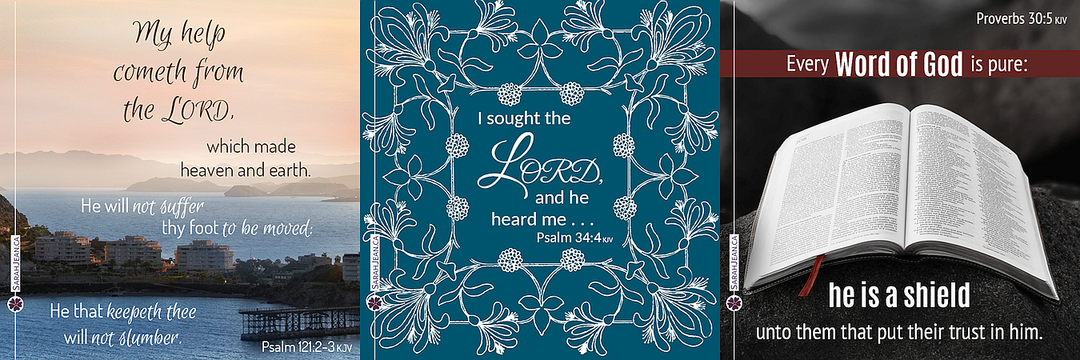 Three Psalms and Proverbs ecard samples containing, mountains, floral design and open bible. 