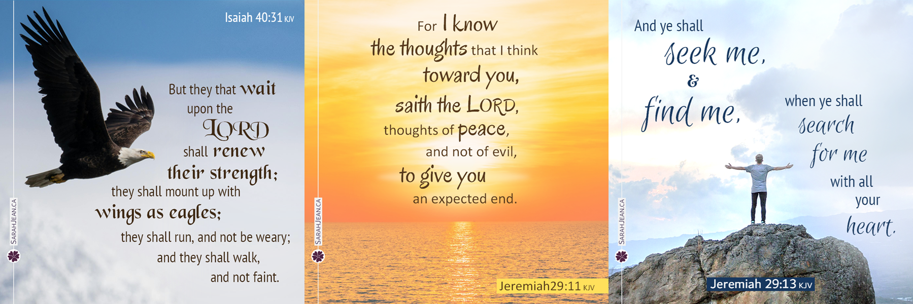 Share free eCards with encouraging messages about God's character and purpose from the Old Testament, images of eagle soaring in the sky, sunlight shining on water, man standing on rocks near water.