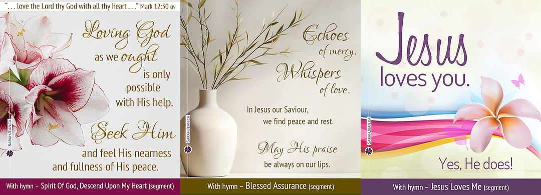Enjoy these Songs of the Soul eCards with complete instrumental Christian songs in personal worship or share them with others when you want to say more, images of elegant flowers, greenery in clay vase,  and  colorful illustration art.