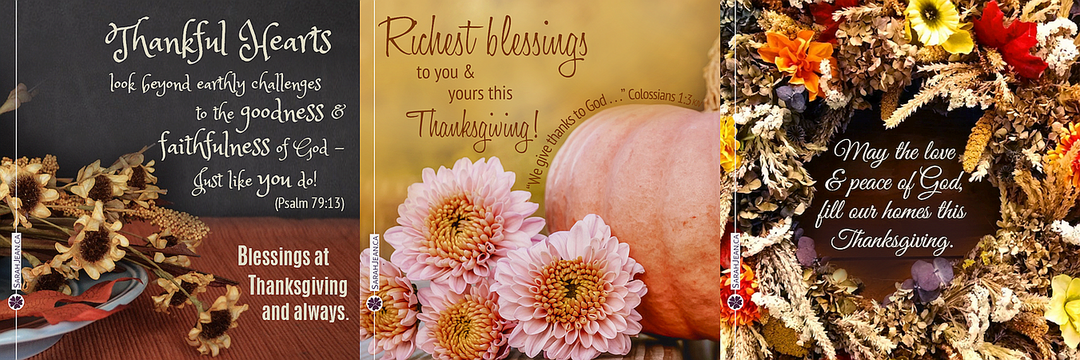 Thanksgiving ecard samples with bundle of sunflowers, flowers with a pumpkin and a fall wreath.