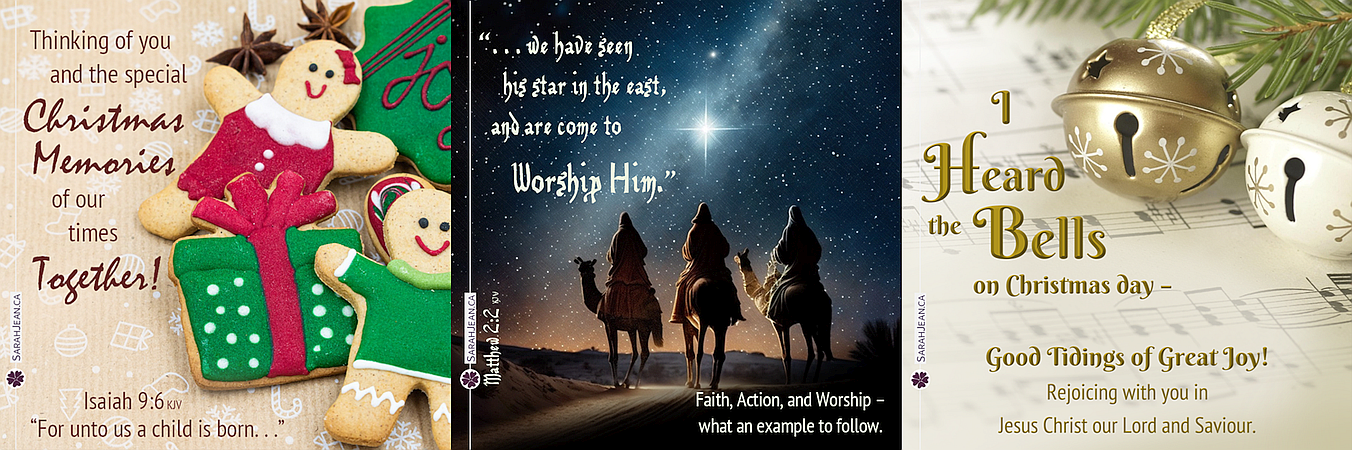 Christmas ecard samples with ginger bread men, wise men on camels, and bells on music paper.