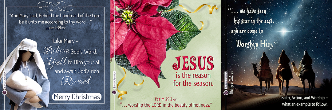 Christmas ecards with Mary holding baby Jesus; Poinsettia; and bright star with three wise men traveling.