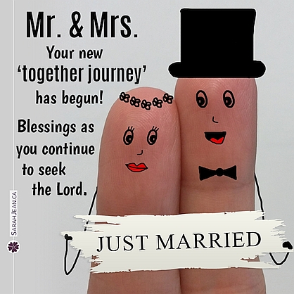 Free SarahJean Wedding eCard with a Christian message entitled 'Mr. & Mrs.'. Image of fingers painted to look like a bride and groom.
