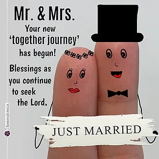 Free SarahJean Wedding eCard with a Christian message entitled 'Mr. & Mrs.'. Image of fingers painted to look like a bride and groom.