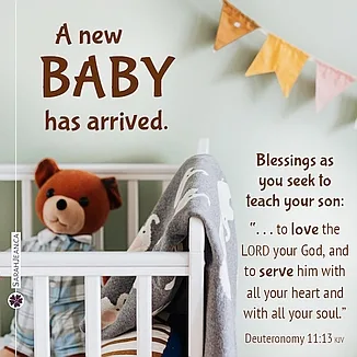 Free SarahJean Baby eCard with a Christian message entitled 'Baby Has Arrived'. Image of teddy bear with boy blue pjs in crib.