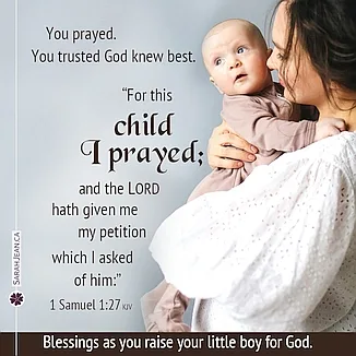 Free SarahJean Baby eCard with a Christian message entitled 'You Prayed'. Image of a Mom Standing and holding her baby in a beigh sleeper.