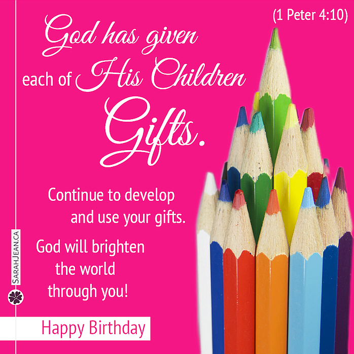 Free SarahJean Birthday Children eCard with a Chrstian message entitled 'Brighten the World'. Image of pencil crayons in a bunch standing up. 