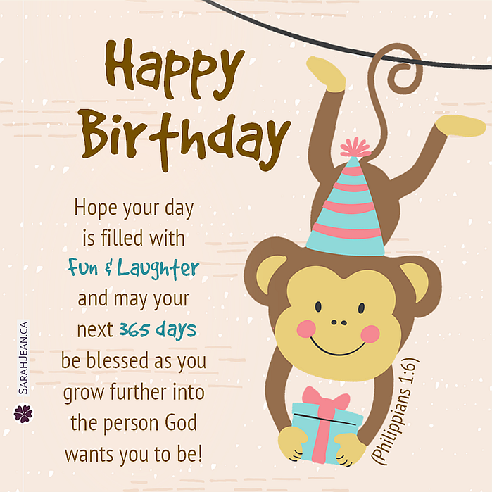Birthday Children ecard with an illustration of a monkey hanging upside down holding a birthday gift.