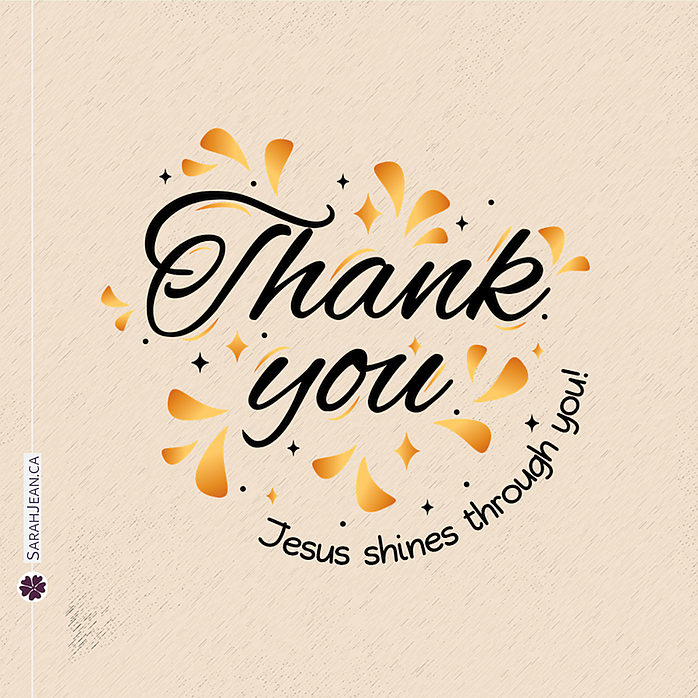 Free SarahJean Thank You eCard with a Christian message entitled 'Jesus Shines'. Image of the word Thank You in fancy text with stars.