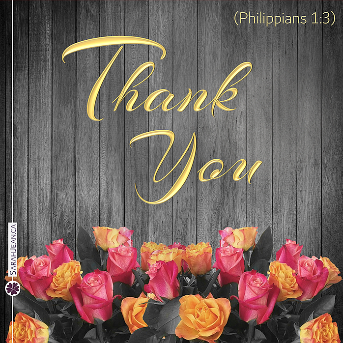 Free SarahJean Thank You eCard with a Christian message entitled 'Thank You'. Iimage of pink roses growing beside a wooden fence.
