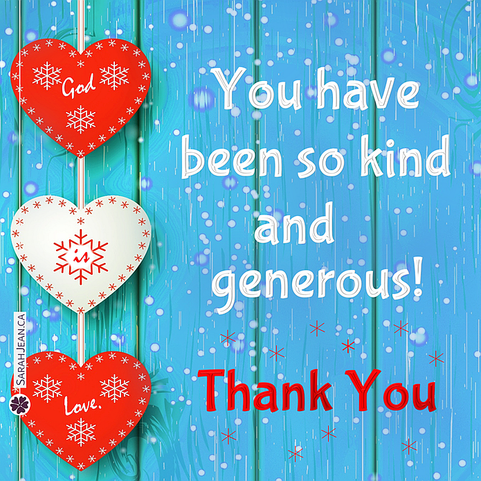 Free SarahJean Thank You eCard with a Christian message entitled 'So Kind and Generous'. Image of three hearts on a strong with the back ground of snowflakes on wooden planks.