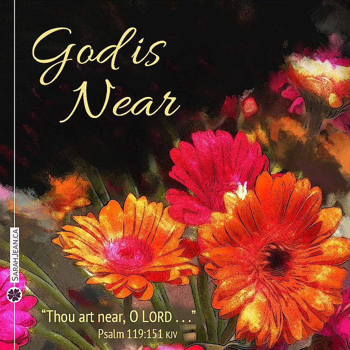 Free SarahJean Encouragement eCard with a Christian message entitled 'God Is Near'. Image of bright pink large flowers on dark background.
