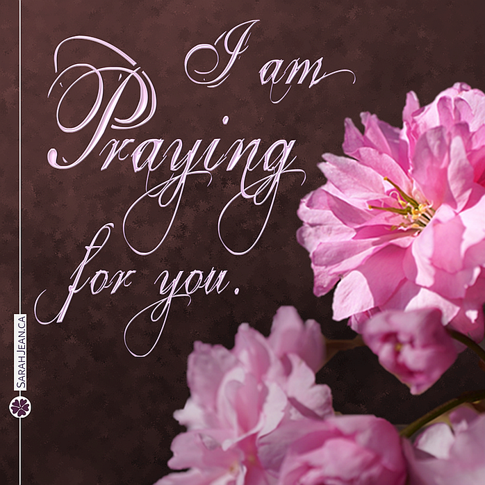 Free SarahJean Prayer eCard with a Christian message entitled 'Praying for You'. Image of rose pink flowers with burgundy background.