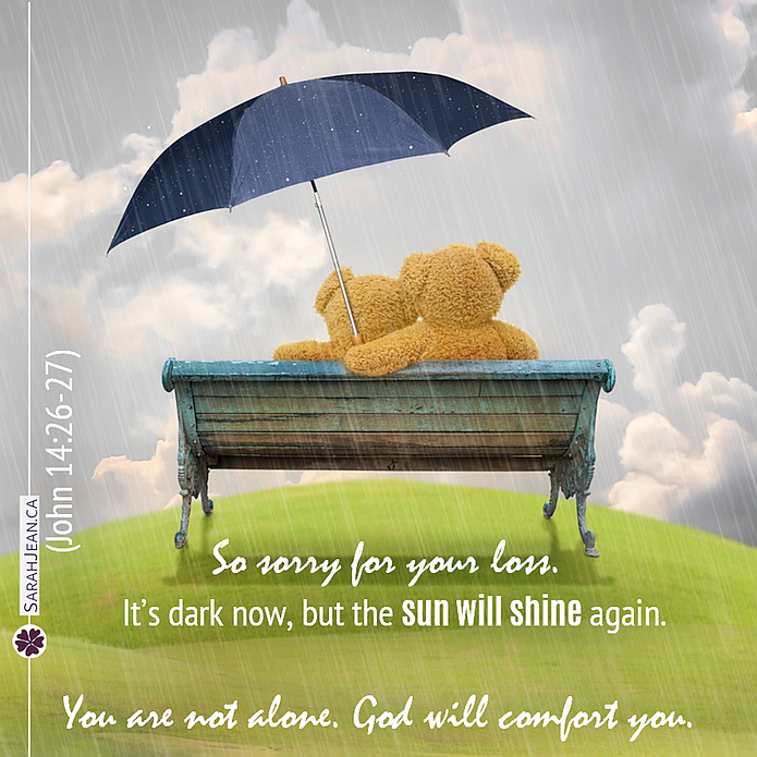 Free SarahJean Sympathy eCard with a Christian message entitled 'Sun Will Shine'. Image of two stuffed bears sitting together on a bench with an umbrella.