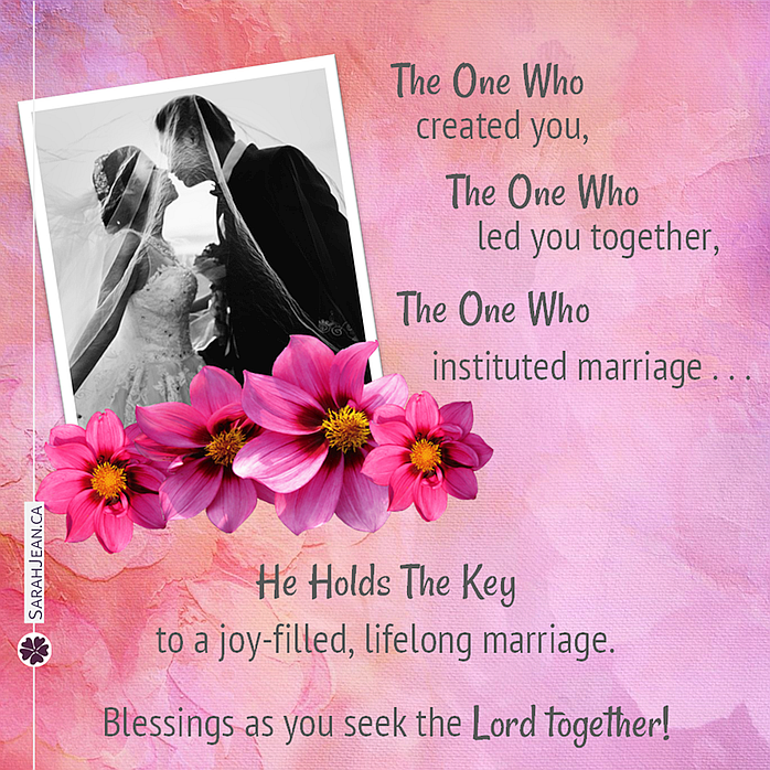Free SarahJean Wedding eCard with a Christian message entitled 'He Holds the Key'. Image of wedding couple kissing.