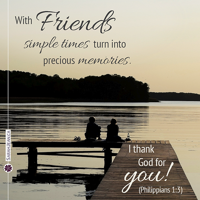 Free SarahJean Friendship eCard with a Christian message entitled 'Simple Times'. Image of two friends sitting on a wooden dock at a lake.