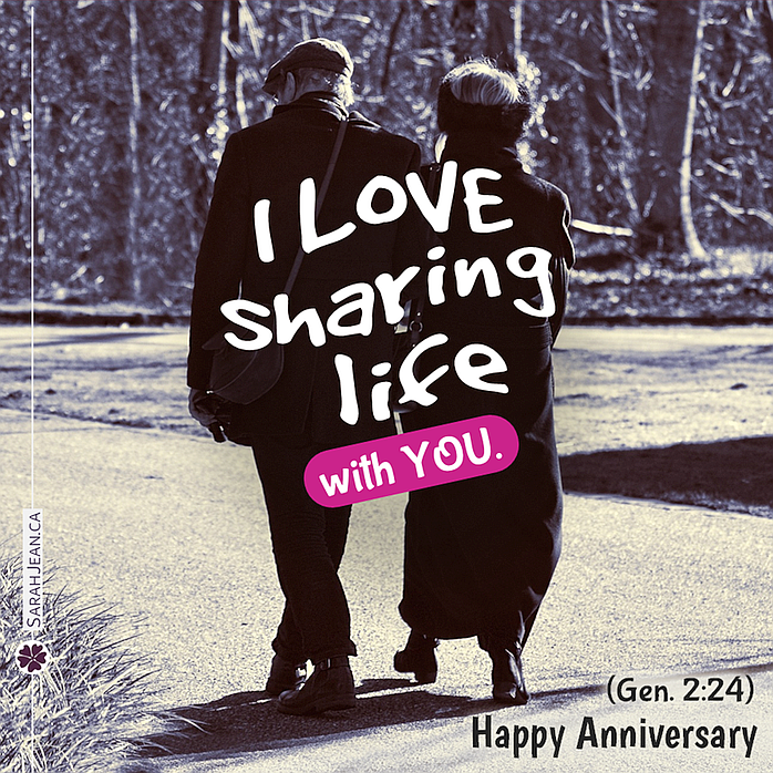 Free SarahJean Anniversary eCard with a Christian message entitled 'Sharing Life'. Image of couple in coats walking down a gravel road.
