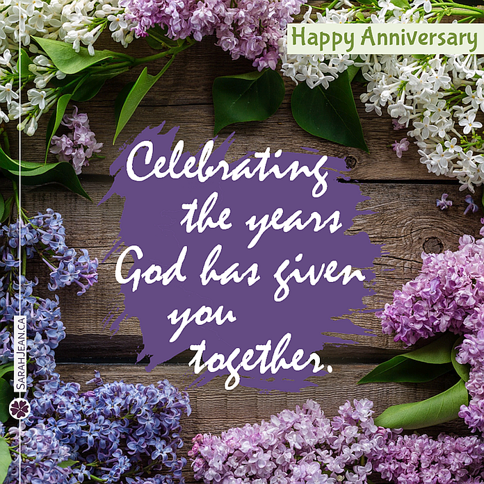Anniversary Special Occasions ecard with purple and white lilacs in a frame shape on wood boards.