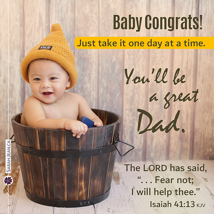 Free SarahJean Baby eCard with a Christian message entitled 'Baby Congrats'. image of little child with hat sitting in an old wooden bucket for a bath.
