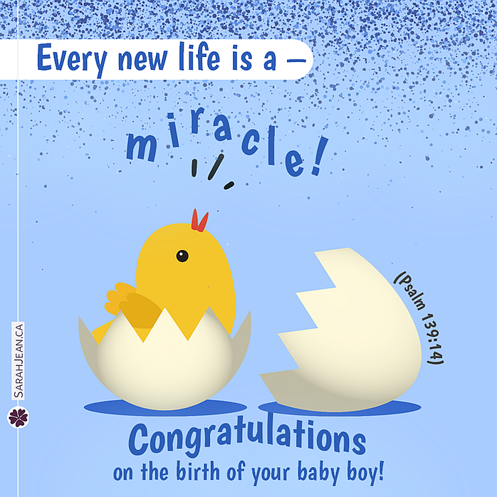 Free SarahJean Baby eCard with a Christian message entitled 'Miracle'. Image of baby chick breaking out of shell with blue background.