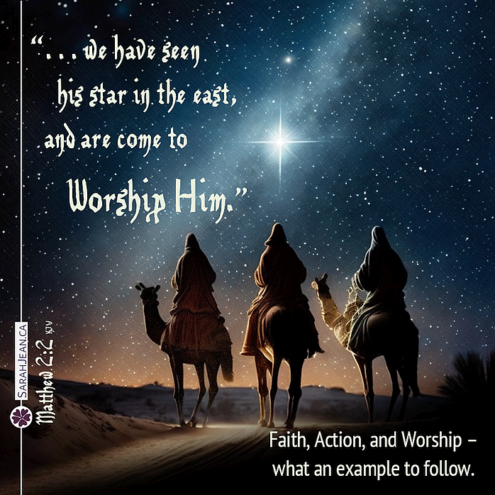 Free SarahJean Christmas eCard with a Christian message entitled 'Worship Him'. Image of three wise men following the star.